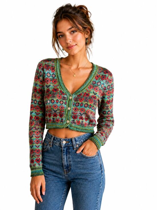 Souk Sepia Sweaters - Souk + Sepia Cropped Floral Fair Isle Cardigan Sweater Boho Cottagecore
Green M